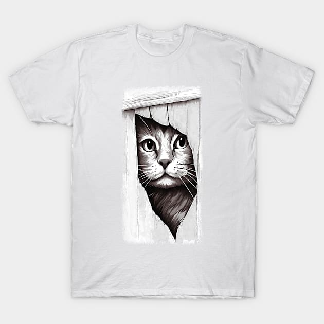 Hello - Cat looking through fence T-Shirt by Off the Page